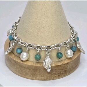 Sterling Silver Milor‎ Italy Turquoise & Pearl Bracelet 30g Jewelry 8" Sea Life